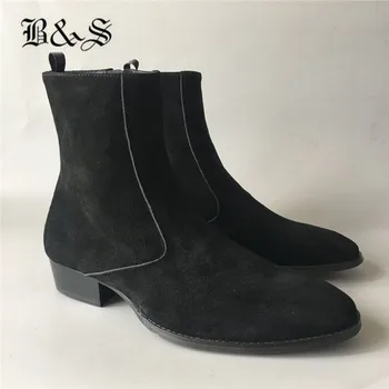 Black& Street Naujas Juodos Verstos Odos liesas tinka vyrai džinsinio audinio Zip Batai, Rankų darbo wyatt haris botas pleišto kokybės batai