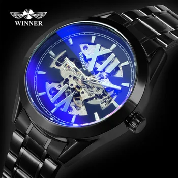 NUGALĖTOJAS Prabangos Prekės Automatinis Laikrodžiai Vyrų Mados Blue Veidrodis Atveju Žiūrėti Nerūdijančio Plieno Dirželis Juodas Laikrodis reloj hombre