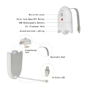 16 Spalvų Smart Rip Judesio Jutiklis Tualeto Sėdynė Naktį, Šviesos, atsparus Vandeniui Apšvietimas unitazo LED Lempos, WC Tualeto Šviesos USB