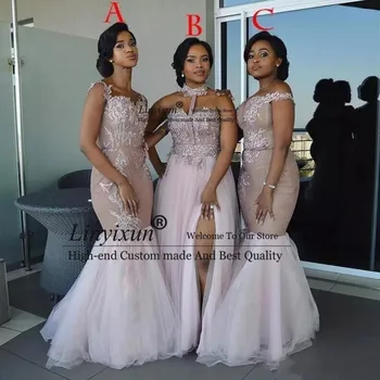 2019 Afrikos Bridesmaid Dresses Ilgai Mišraus Stiliaus Appliques Off Peties Undinė Promenadzie Suknelė Padalinta Pusėje Tarnaitė Garbės Suknelės