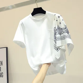 2020 korėjos Versija, Nauji Laisvi Nereguliarus Spausdinti trumparankoviai marškinėliai Moteris Studentų Laukiniai Baltieji Dugno Tee Merginų Topai