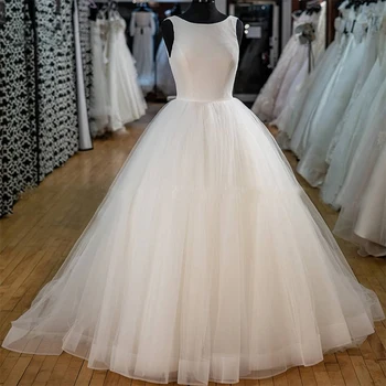 A-line wedding suknelė 2020 Pigūs Elegantiškas Satino Tiulio Sijonas Grindų Ilgis Scoop Nuotakos Suknelė Suknelės, plius dydis vestuvių suknelės