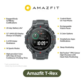 Amazfit t rex Т-rex Smartwatch Huami Sporto Žiūrėti Tvirtas Kūnas GPS/GLONASS AMOLED Ekraną, 