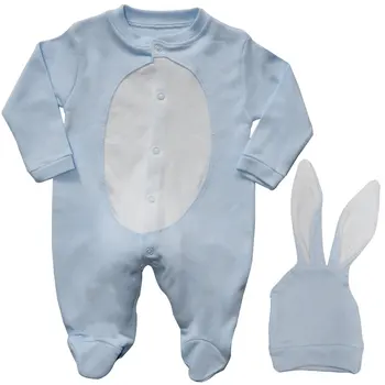 Blue Rabbit Jumpsuit Balta Pompom Skrybėlių Mados Blue rabbit spausdinti baby girl romper Bamblys ilgomis rankovėmis Medvilnės Naujagimis