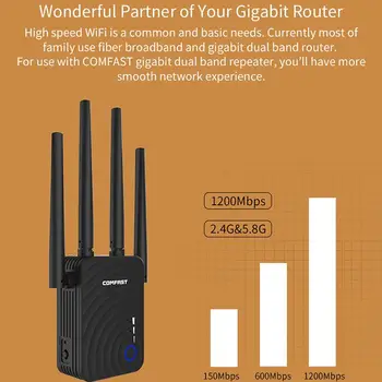COMFAST CF-WR754AC Belaidžio WiFi Kartotuvas 1200Mbps Long Range Extender Router Dual Band 2.4&5.8 Ghz, 4 Antenos Signalo Stiprintuvą