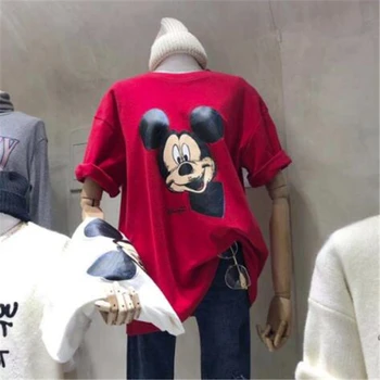 Disney Mickey Mouse trumpomis rankovėmis T-shirt Vasaros Drabužius Animacinių filmų Mielos Moterys T-Shirt Moterų Laisvi O-Neck Tee Viršuje Vidutinio ilgio