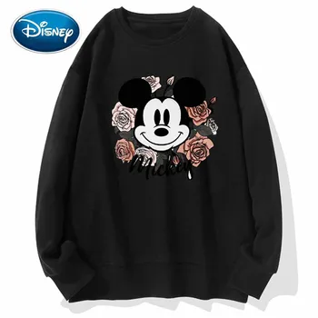 Disney Stilingas Mickey Mouse Animacinių filmų Gėlių Raštas Spausdinti O-Kaklo Megztinis Unisex Moterų Palaidinukė ilgomis Rankovėmis Viršūnės S - 3XL 9 Spalva