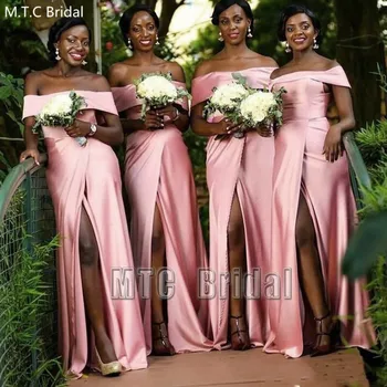 Dusty Pink Afrikos Bridesmaid Dresses Valtis Kaklo Aukštos Ritininės Seksualus Kambarinės Garbės Suknelė Plius Dydžio Satino Vestuvių Svečių Chalatai Didmeninės