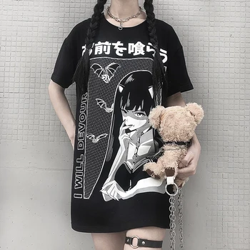 Dvimatis Šikšnosparnis Vampyras Marškinėliai Tamsiai Studentų Japonų Mezgimo Viršūnes Tee Moterų Goth Punk Rock Moterų Drabužiai
