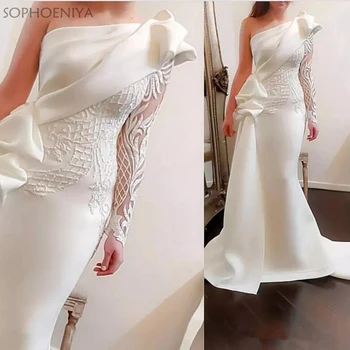 Elegantiškas Vieno Peties Undinė Vakaro Suknelės 2021 Balta ilgomis Rankovėmis, vakare Chalatai Satino Ruched Raukiniai Aplikacijos Oficialų suknelė
