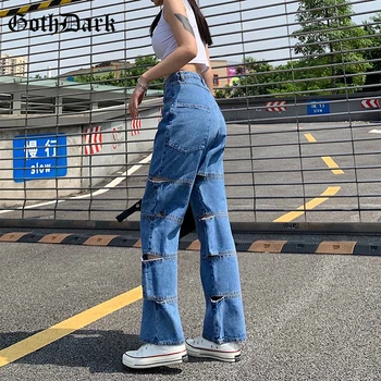 Goth Tamsiai Prašmatnus Tuščiaviduriai Iš E-girl Blue Jeans korėjos Aukšto Juosmens Hip-Hop Pločio Kojų Kelnės Moterims Prarasti Mados Streetwear Kelnės