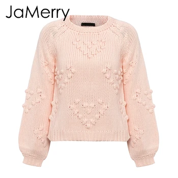 JaMerry Derliaus rožinės spalvos pūkų kamuoliuką rudens žiemos megztiniai ponios ilgomis rankovėmis atsitiktinis megztinis 2019 Mados chic purus megzti megztinis