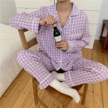 Lacework pledas pižama nustatyti moterų namų kostiumas atlapas apykakle ilgomis rankovėmis marškinėliai kelnės tiktų pavasarį, rudenį sleepwear mielas homewear Y186