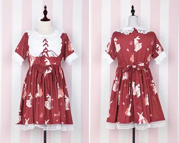 Lolita Dress Saldus Triušis Mielas Japonijos Kawaii Merginos Princesė Tarnaitė Derliaus Gotikos Spausdinti Modelius Nėrinių Balta Raudona Vasaros Sijonas