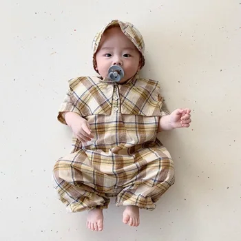 MILANCEL kūdikiams kūdikių vasaros rompers Anglija stiliaus berniuko drabužių jumpsuits su nemokama skrybėlę