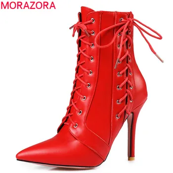 MORAZORA Nėrinių užtrauktukas pažymėjo tne moterų mados batai aukštakulniai pu odos batai plius dydis 34-46 raudona juoda balta