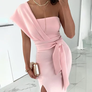 Moteriškos Rožinės spalvos V-Kaklo Šalies Seksualus Suknelės Elegantiškas Vieno Peties Aukšto Juosmens Padalinta Suknelė Ponios 2021 M. Vasaros Nėriniai Midi Lady Vestido