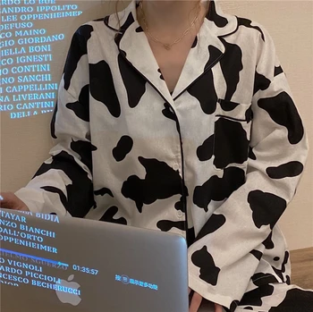 Moterų pižama nustatyti pasukite žemyn apykaklės viršūnes kelnes pižama namų drabužius 2 vnt mikl karvių spausdinti animaciją sleepwear nustatyti medvilnės Y035