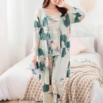 Muyogrt 3 Gabalus Minkštas Rudens Žiemos Moterų Pižama Rinkiniai Gėlių Spausdinti Sleepwear Su Šortai Moteriška Laisvalaikio Naktiniai Drabužiai Tiktų 2020 M.