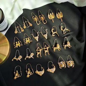 Naujas Dizainas, 12 žvaigždynų Zodiako Ženklas Auskarai geltona Aukso spalva, lieti Moterų auskarai