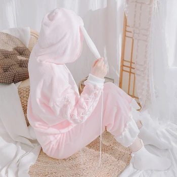 Pink Bunny Girl Mielas Pliušinis Homewear Comfoetable Triušio Ausį Ir Uodegą, Pūkuotas Megztinis Kelnės Kostiumas Pižama Rudenį ir Žiemą