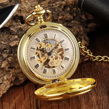 Prabangus Aukso Laikrodis Gėlių Elnias Drožyba Dizaino Mechaninė Kišenėje Žiūrėti FOB Juosmens Grandinės Skeletas Tuščiaviduriai Steampunk Kišeninio Laikrodžio Vyrai