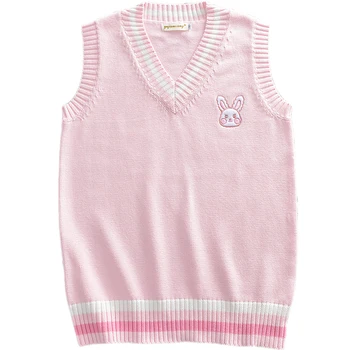 Rožinė Mažas triušis Siuvinėjimo modelio Megztinis liemenė vidurinės mokyklos Japoniško stiliaus mezgimo megztinis