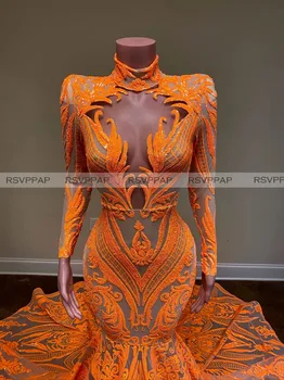 Sparkly Orange Ilgai Prom Dresses 2020 M. Aukštos Kaklo, Ilgomis Rankovėmis Aukštu Kaklu Seksualus Afrikos Moterų Black Merginos Undinė China Prom Chalatai