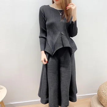 TIANPEI 2020 m. žiemos drabužių moterims Miyake plisuotos moterims dviejų dalių komplektus plius dydis lounge dėvėti ilgas, maxi estetiką klostuotas sijonas