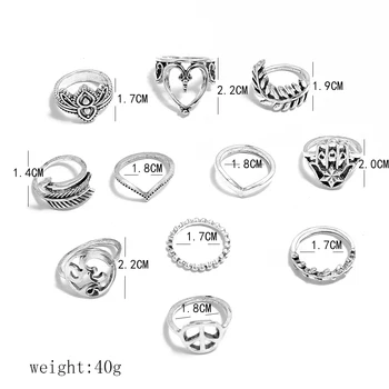Tocona 11pcs/rinkiniai Vitnage Sidabro Spalvos Širdies Bendras Žiedas, skirtas Moterims, Vyrams Boho Lapų Banga Geometrinis Vestuviniai Žiedai Rinkiniai Papuošalų 14567