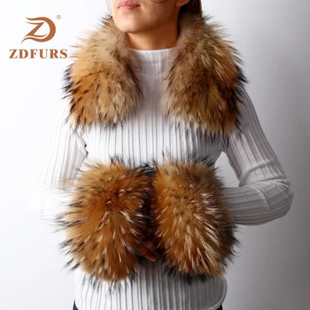 ZDFURS*Moterų Nekilnojamojo Fox Fur / Meškėnas Kailių Apykaklės, Rankogaliai Žiemą Storas Šiltas Originali Kailių Mados Aikštė apykaklės, rankogaliai vieną rinkiniai