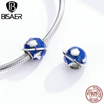 žemės karoliukai BISAER 925 Sterlingas sidabro, mėlyna emalį Žemės karoliukai pakabukai sidabras 925 originalios juvelyrikos priėmimo EFC162